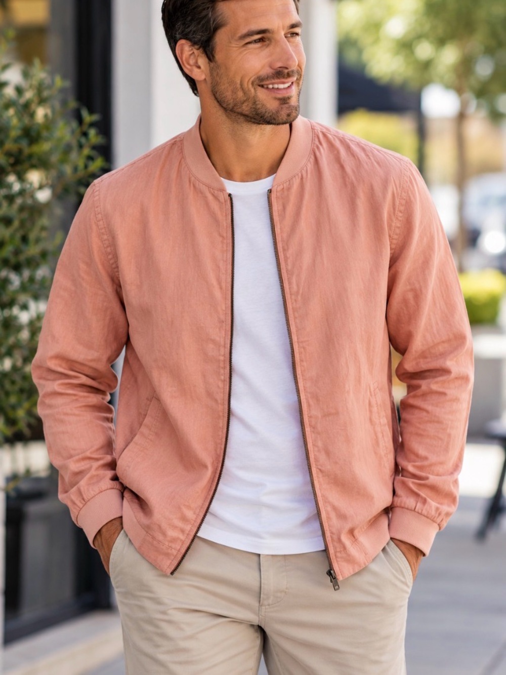 ZARA Man Pink Linen Blend Bomber Jacket Men’s Zip Front Lightweight Size M